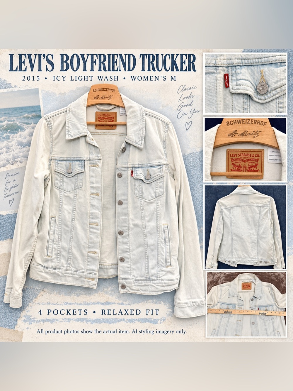 Levi’s 2015 Boyfriend Trucker Jacket Women M Icy Light Wash Denim 15750-0024 EUC
